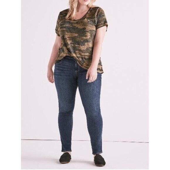 Lucky Brand Top Womens 1X Green Camo Burn Out V Neck Slub Knit Lightweight Boho - Picture 1 of 8